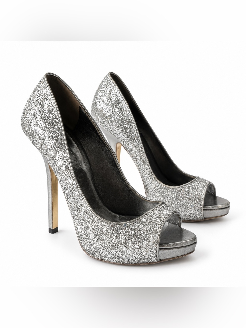 Miu Miu Silver Glitter Peep Toe Platform Stiletto Heels EU 37 Made in Italy